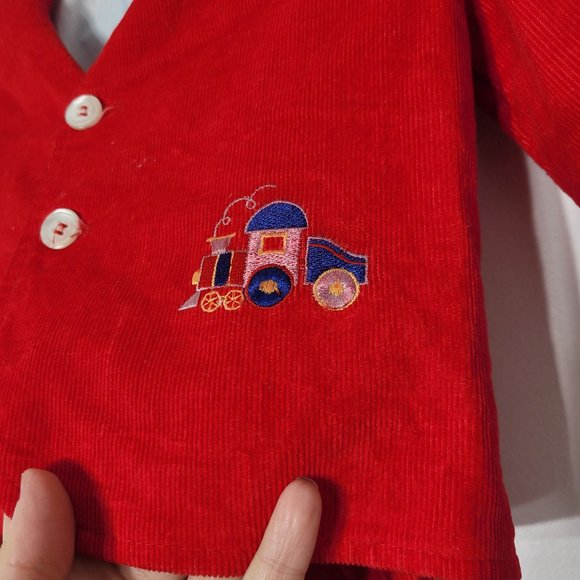 Jack Tar Three Piece Baby Outfit Corduroy Embroidered Train Red Shorts Vintage - Picture 3 of 13